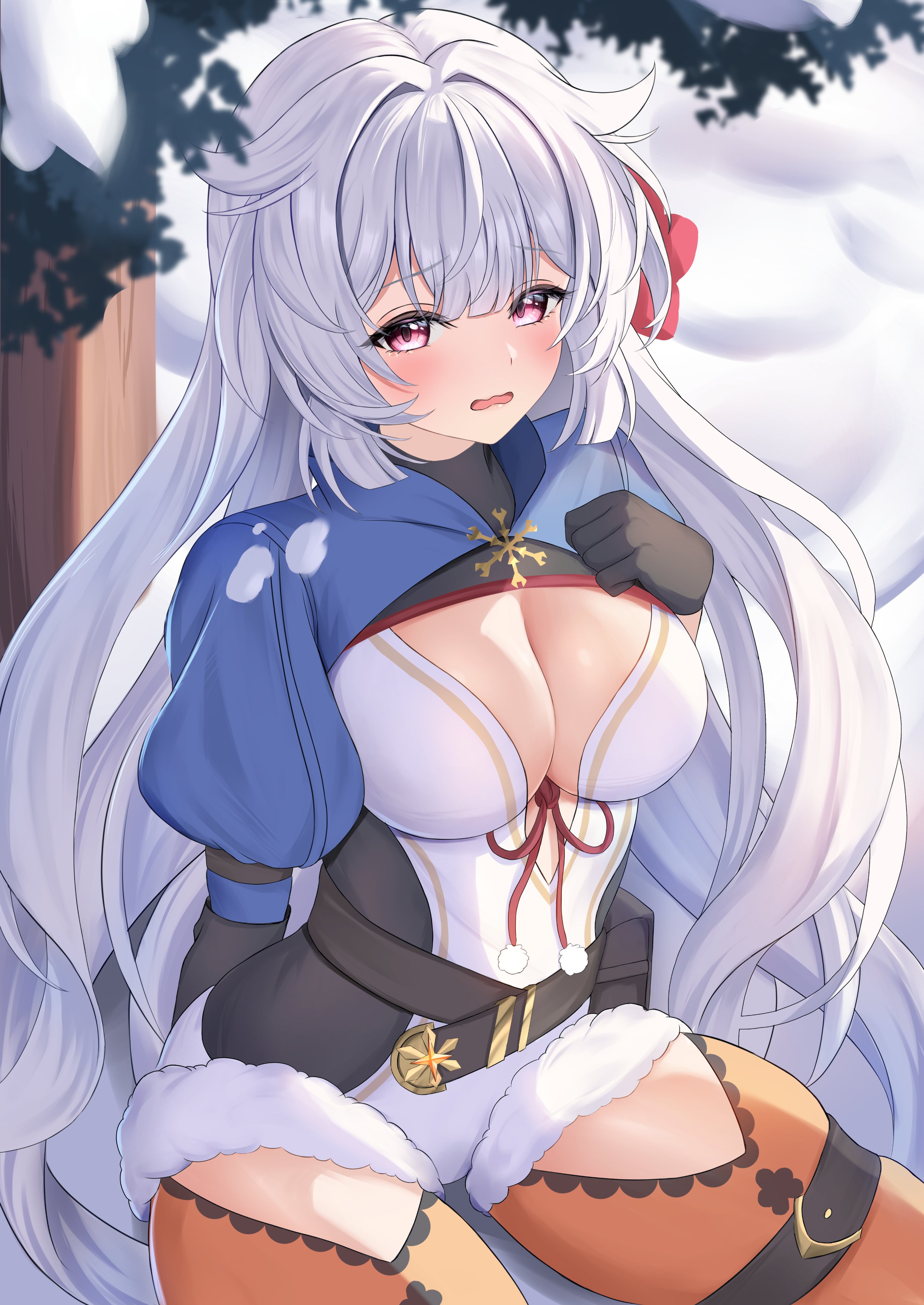 shouhaku0512, fuyuka (stella sora), stella sora, absurdres, commentary, highres, 1girl, black gloves, blue shrug, blush, breasts, cleavage, flower, fur-trimmed leotard, fur trim, gloves, hair flaps, hair flower, hair intakes, hair ornament, large breasts, leotard, long hair, looking at viewer, open mouth, orange pantyhose, pantyhose, pantyhose cutout, pink eyes, puffy short sleeves, puffy sleeves, raised inner eyebrows, red flower, short sleeves, shrug (clothing), sitting, solo, very long hair, wavy mouth, white hair, white leotard