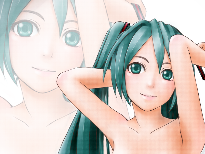migiri, hatsune miku, vocaloid, bad id, bad pixiv id, adjusting hair, armpits, arms up, bare shoulders, green eyes, green hair, long hair, nude, solo, twintails