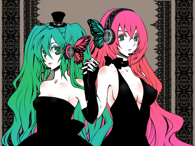hanao, kumao mofumofu, hatsune miku, megurine luka, magnet (vocaloid), vocaloid, 2girls, aqua eyes, aqua hair, black dress, breasts, butterfly wings, cleavage, dress, elbow gloves, fingerless gloves, gloves, hat, headphones, headset, holding hands, insect wings, long hair, medium breasts, mini hat, mini top hat, multiple girls, small breasts, top hat, wings, yuri