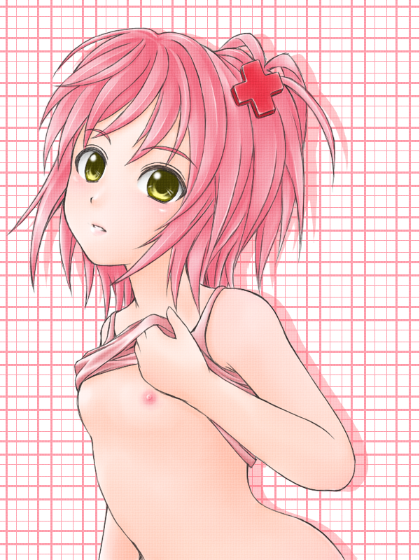 migiri, hinamori amu, shugo chara!, 1girl, breasts, clothes lift, female focus, flat chest, hair ornament, loli, nipples, pink hair, shirt lift, solo, tank top, yellow eyes