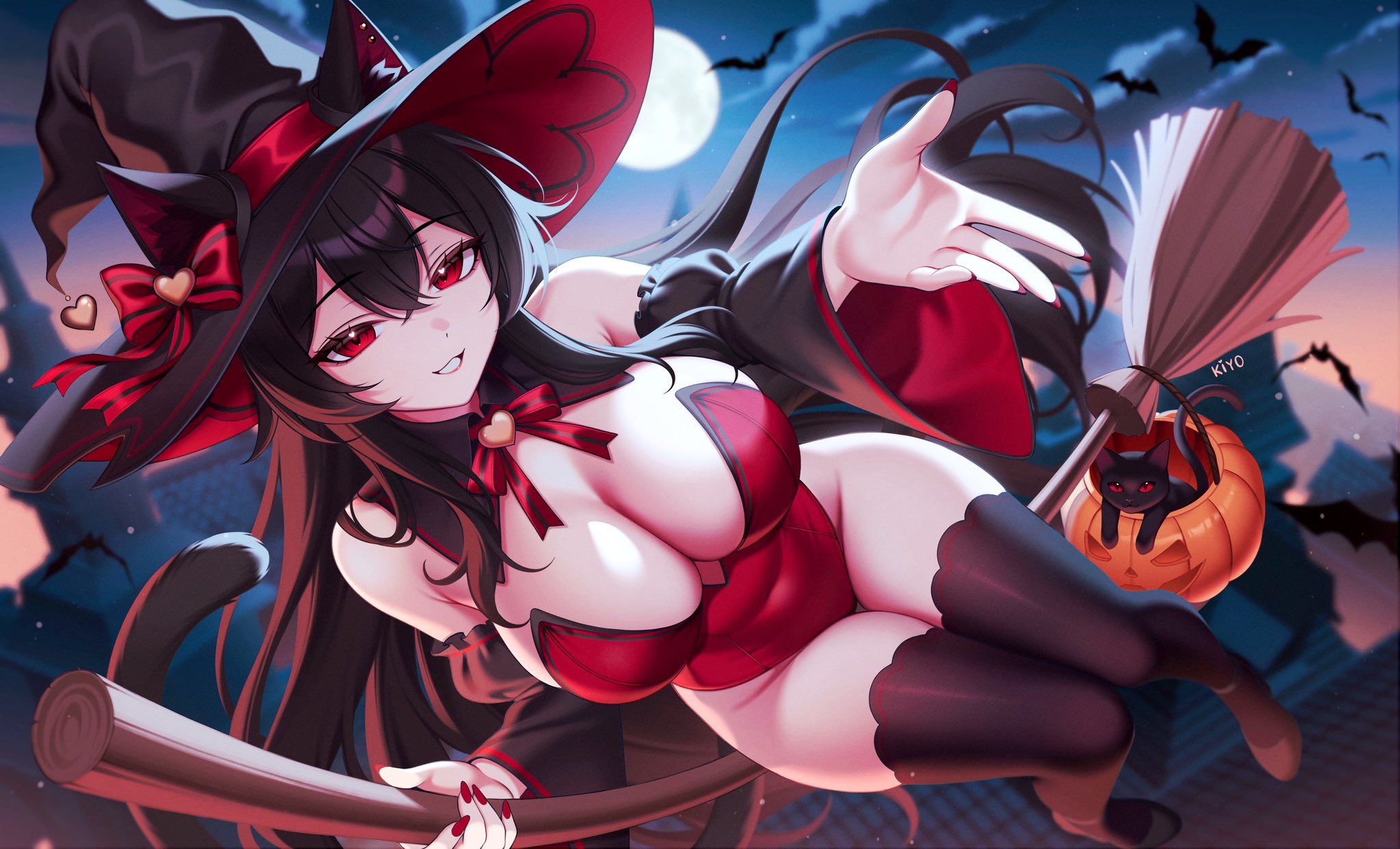kiyochii, lanfear, vrchat, commentary, english commentary, highres, 1girl, animal ears, bare shoulders, black cat, black hair, black hat, black thighhighs, blurry, blurry background, bow, bowtie, breasts, broom, cat, cat ears, cat girl, cat tail, cleavage, covered navel, detached sleeves, ears through headwear, full moon, grin, hair between eyes, halloween, halloween bucket, hat, heart, highleg, highleg leotard, large breasts, leotard, long hair, looking at viewer, moon, nail polish, night, outdoors, outstretched arm, red eyes, red leotard, red nails, smile, solo, strapless, strapless leotard, tail, thighhighs, thighs, very long hair, wide sleeves, witch hat