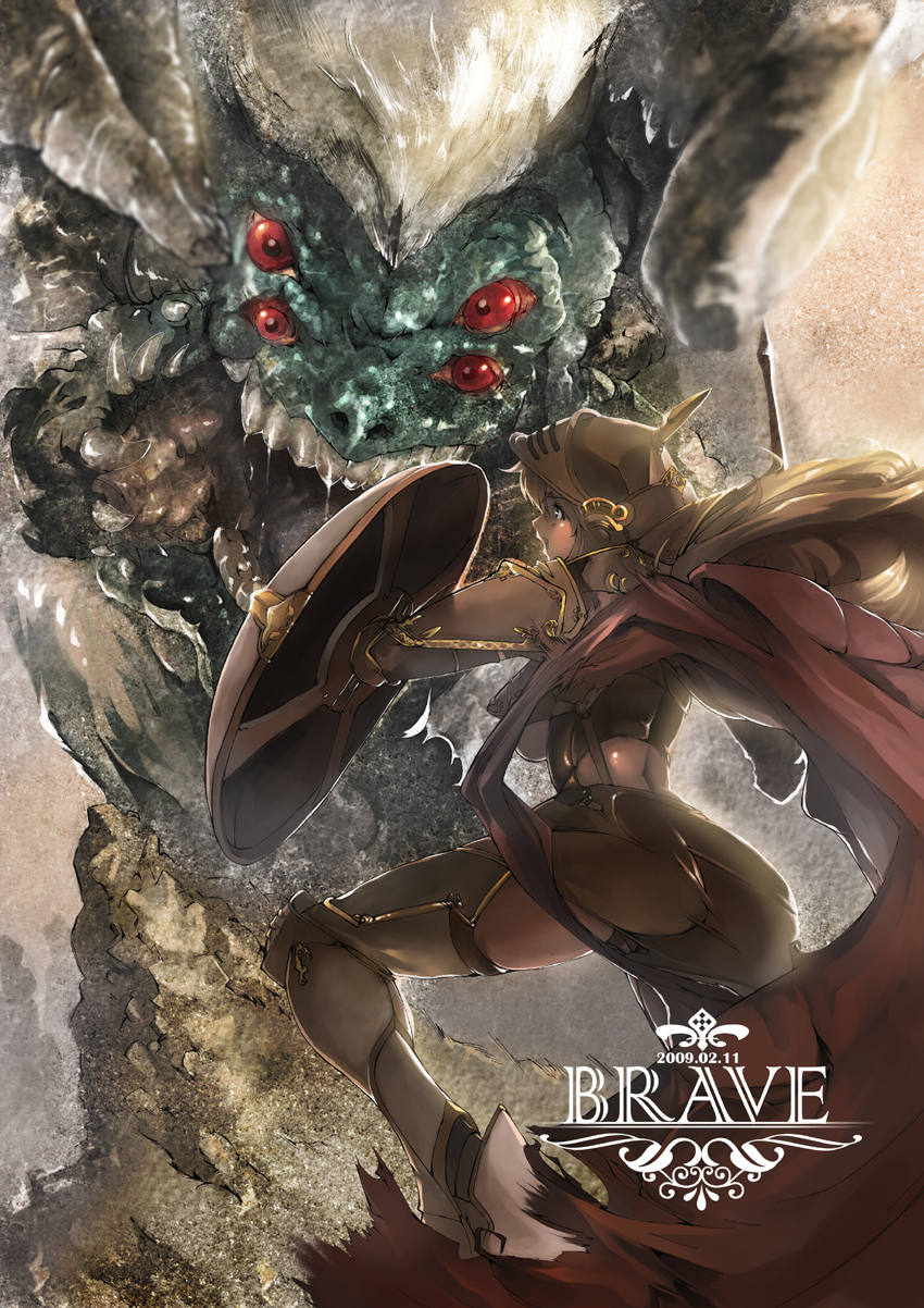 bh001, wretch, bad id, bad pixiv id, highres, armor, blonde hair, breasts, cape, curvy, helmet, large breasts, monster, shield, sideboob, sword, weapon