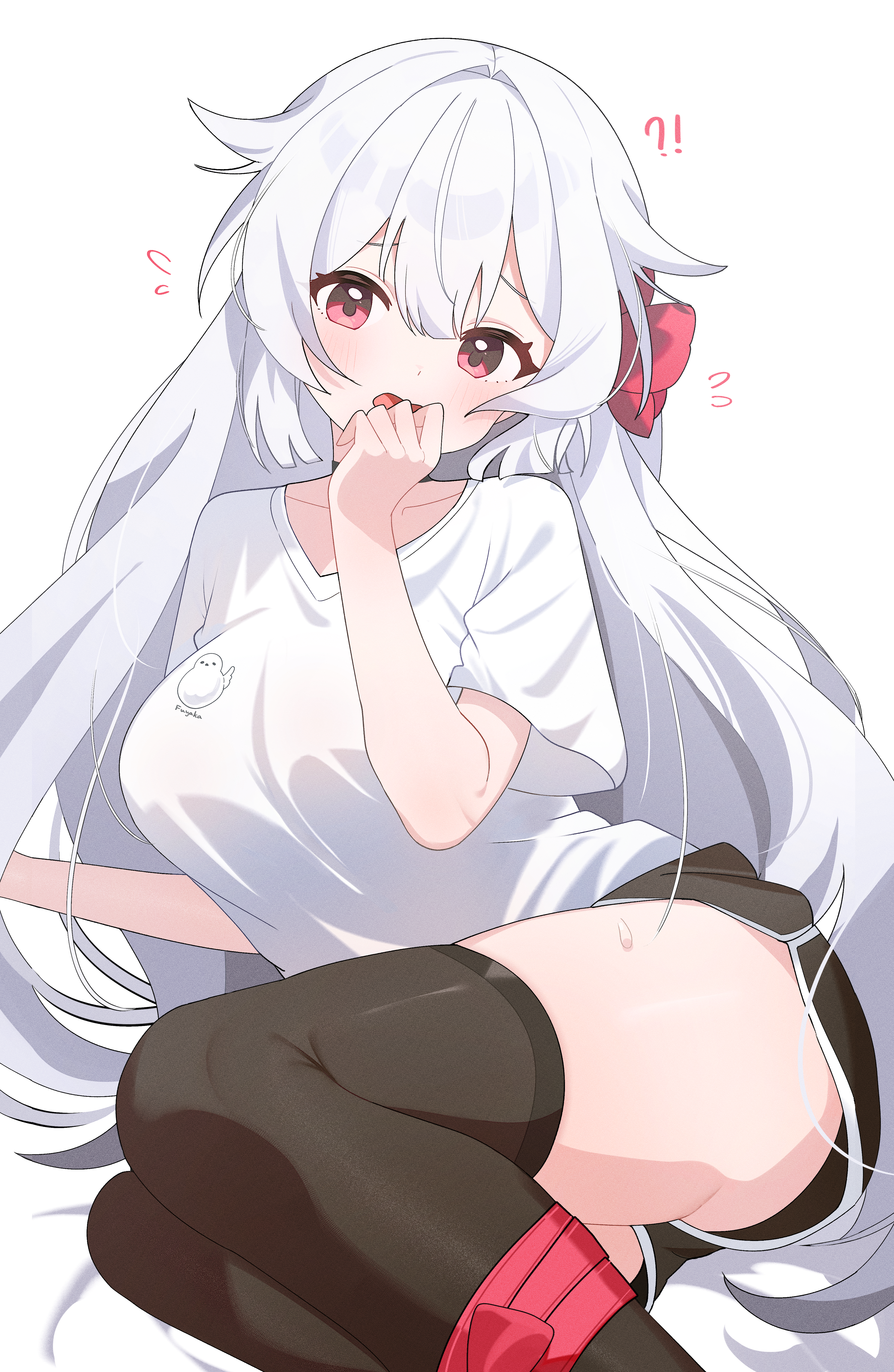 shusuchii, fuyuka (stella sora), stella sora, absurdres, commentary, highres, making-of available, symbol-only commentary, variant set, !?, 1girl, alternate costume, black choker, black shorts, black thighhighs, blush, breasts, choker, collarbone, dolphin shorts, flower, flying sweatdrops, hair flaps, hair flower, hair ornament, head tilt, legs together, long hair, looking at viewer, loungewear, orchid, print shirt, reclining, red eyes, shirt, short sleeves, shorts, solo, spoken interrobang, sweat, t-shirt, thighhighs, thighs, very long hair, white hair, white shirt