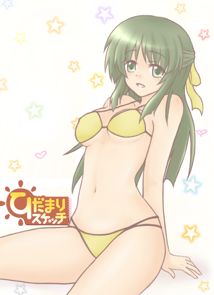 hr (koko ni iru yo), yoshinoya (hidamari sketch), hidamari sketch, 00s, 1girl, bikini, breasts, female focus, green eyes, green hair, hair ribbon, halterneck, long hair, matching hair/eyes, medium breasts, navel, ribbon, solo, string bikini, swimsuit, underboob, yellow bikini