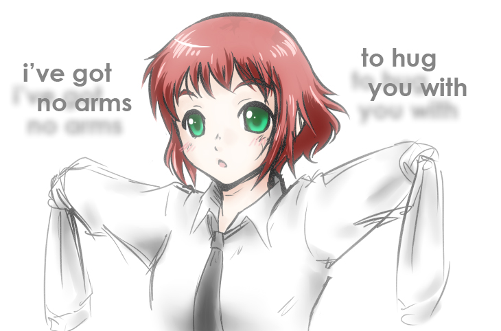 iceo208, tezuka rin, katawa shoujo, 10s, 1girl, amputee, armless amputee, black necktie, blush, double amputee, english text, female focus, green eyes, necktie, red hair, short hair, solo, white background