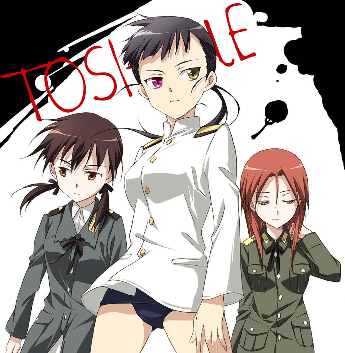 agahari, gertrud barkhorn, minna-dietlinde wilcke, sakamoto mio, strike witches, world witches series, uniform, 00s, 3girls, black hair, brown eyes, brown hair, heterochromia, long hair, multiple girls, no pants, one-piece swimsuit, ponytail, red hair, school swimsuit, swimsuit, swimsuit under clothes, twintails