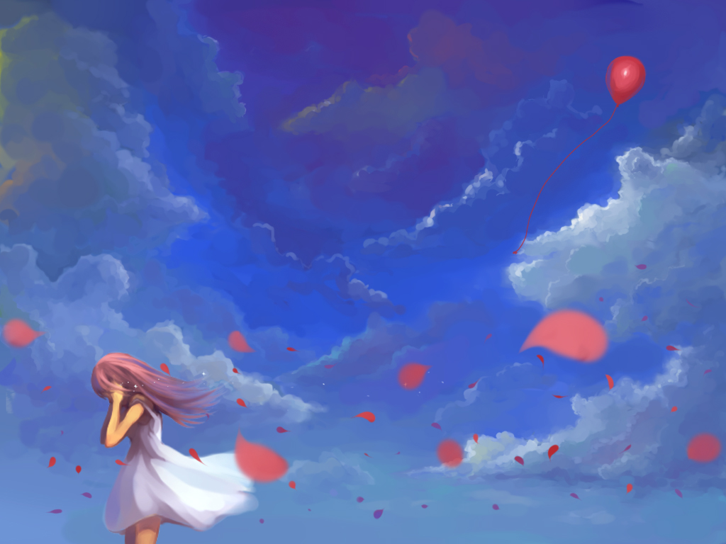 charimei, megurine luka, just be friends (vocaloid), vocaloid, 1girl, balloon, dress, female focus, long hair, petals, pink hair, solo, tears, wind