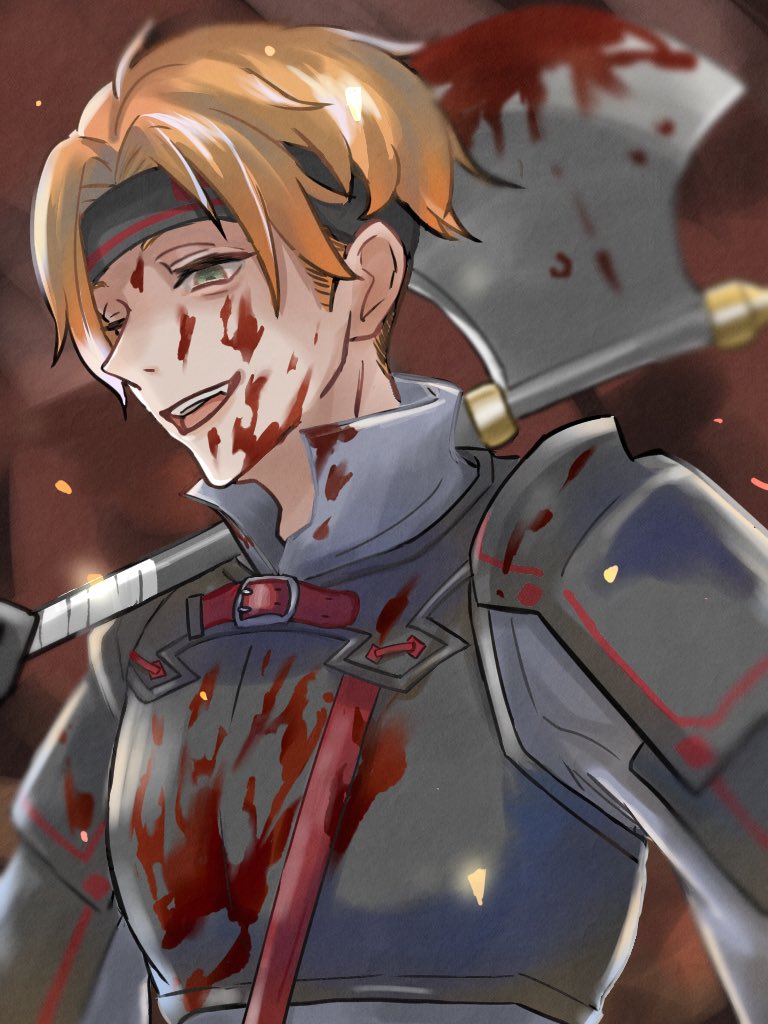 re:zero kara hajimeru isekai seikatsu, 1boy, armor, axe, battle axe, black armor, blood, blood on armor, blood on face, bloody weapon, green eyes, grey shirt, headband, layered sleeves, light smile, orange hair, shirt, short hair, solo, todd fang, weapon, yuruyuruu125