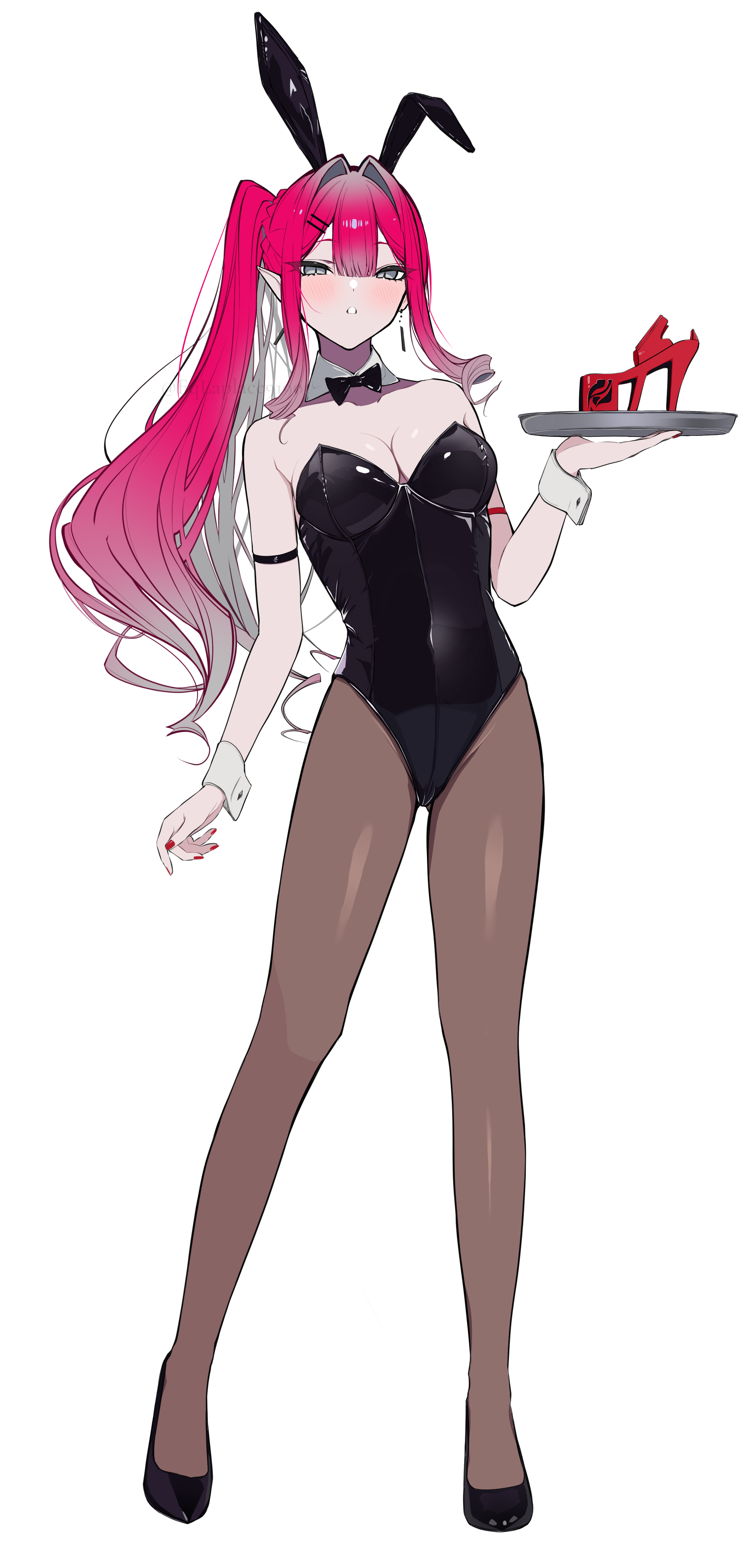 uriuriyukitti, baobhan sith (fate), fate/grand order, fate (series), absurdres, highres, 1girl, animal ears, arm at side, black bow, black bowtie, black leotard, bow, bowtie, breasts, cleavage, contrapposto, detached sleeves, grey eyes, hair between eyes, high heels, holding, holding tray, leotard, long hair, looking at viewer, medium breasts, pantyhose, playboy bunny, pointy ears, rabbit ears, red hair, solo, strapless, strapless leotard, tray, very long hair, white background, wrist cuffs