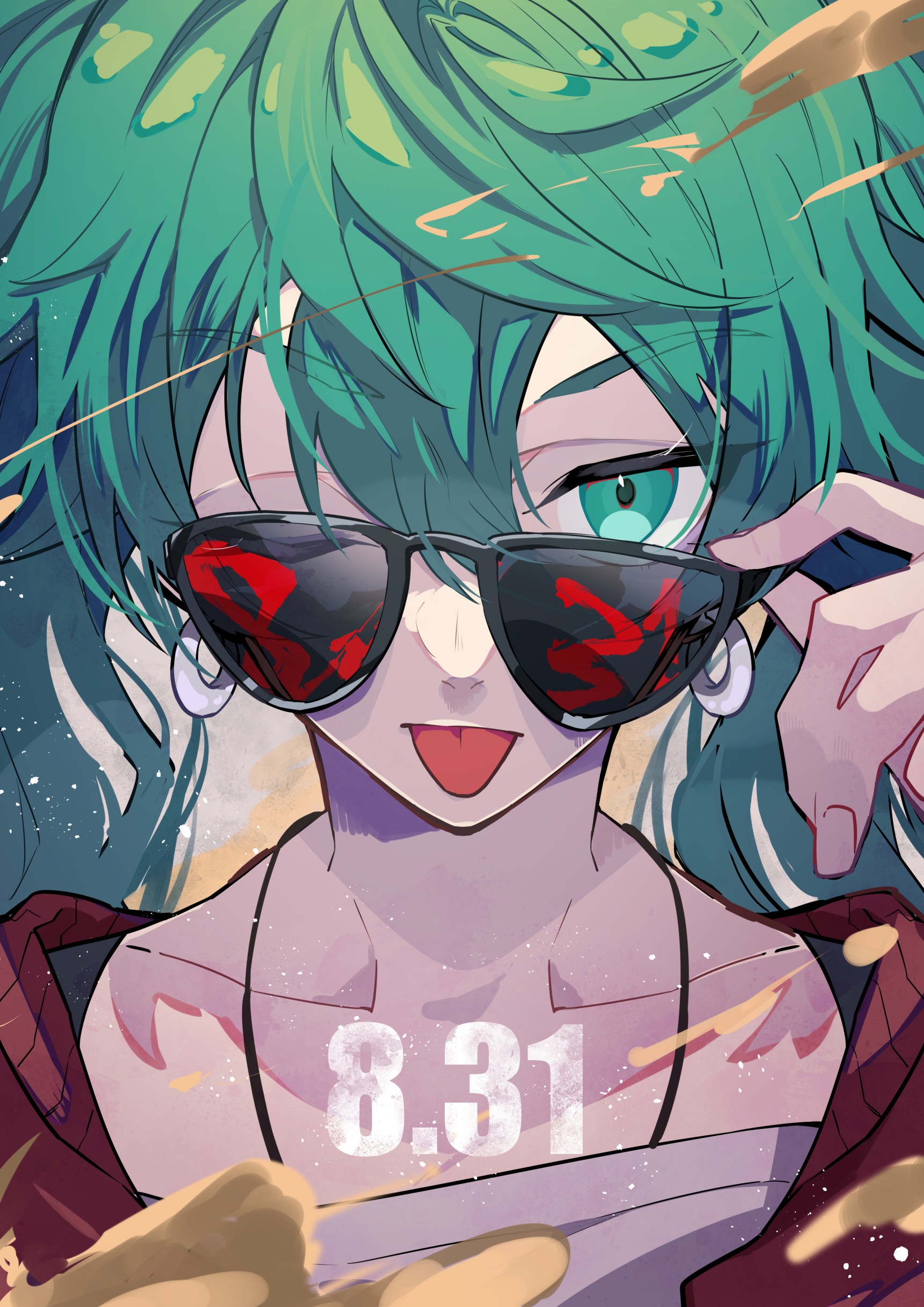 nekoma hikaru, hatsune miku, suna no wakusei (vocaloid), vocaloid, absurdres, highres, 1girl, adjusting eyewear, collarbone, dated, earrings, fingernails, green eyes, green hair, hair between eyes, jewelry, long hair, looking at viewer, one eye closed, sand, solo, sunglasses, tongue, tongue out, upper body