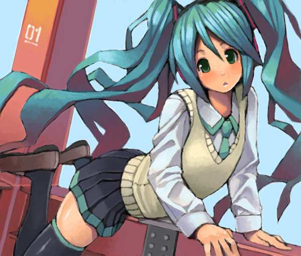 goe, hatsune miku, vocaloid, bad drawr id, bad id, 1girl, aqua hair, blush, drawr, female focus, long hair, miniskirt, necktie, oekaki, school uniform, shoes, skirt, solo, sweater vest, thighhighs, twintails, very long hair, vest, zettai ryouiki