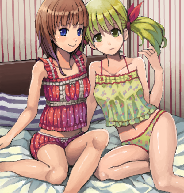 goe, lionela heinze, rorolina frixell, atelier (series), atelier rorona, bad drawr id, bad id, 2girls, bed, blonde hair, blue eyes, bob cut, brown hair, drawr, female focus, green eyes, green hair, hair ribbon, lingerie, multiple girls, panties, ribbon, short hair, twintails, underwear, yellow eyes