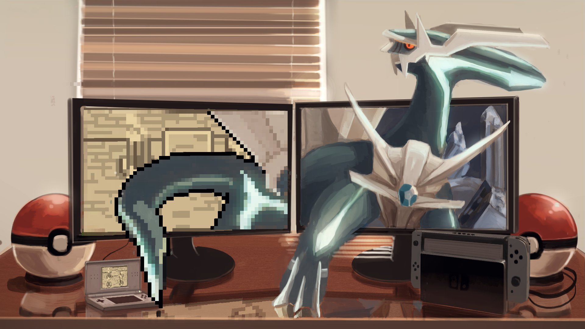king joe (neoroto), dialga, nintendo, pokemon, pokemon bdsp, pokemon dppt, commentary request, highres, animal focus, black sclera, blue gemstone, cable, colored sclera, game console, gem, gen 4 pokemon, handheld game console, indoors, legendary pokemon, monitor, nintendo ds, nintendo ds lite, nintendo switch, no humans, pixel art, poke ball, poke ball (basic), poke ball theme, pokemon (creature), pokemon focus, red eyes, reflection, solo, through medium, through screen, window blinds