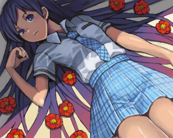 goe, kisaragi chihaya, idolmaster, idolmaster (classic), bad drawr id, bad id, 00s, 1girl, blue hair, camellia, drawr, female focus, flower, long hair, lying, necktie, oekaki, on back, purple hair, rough time school, school uniform, shade, solo, very long hair