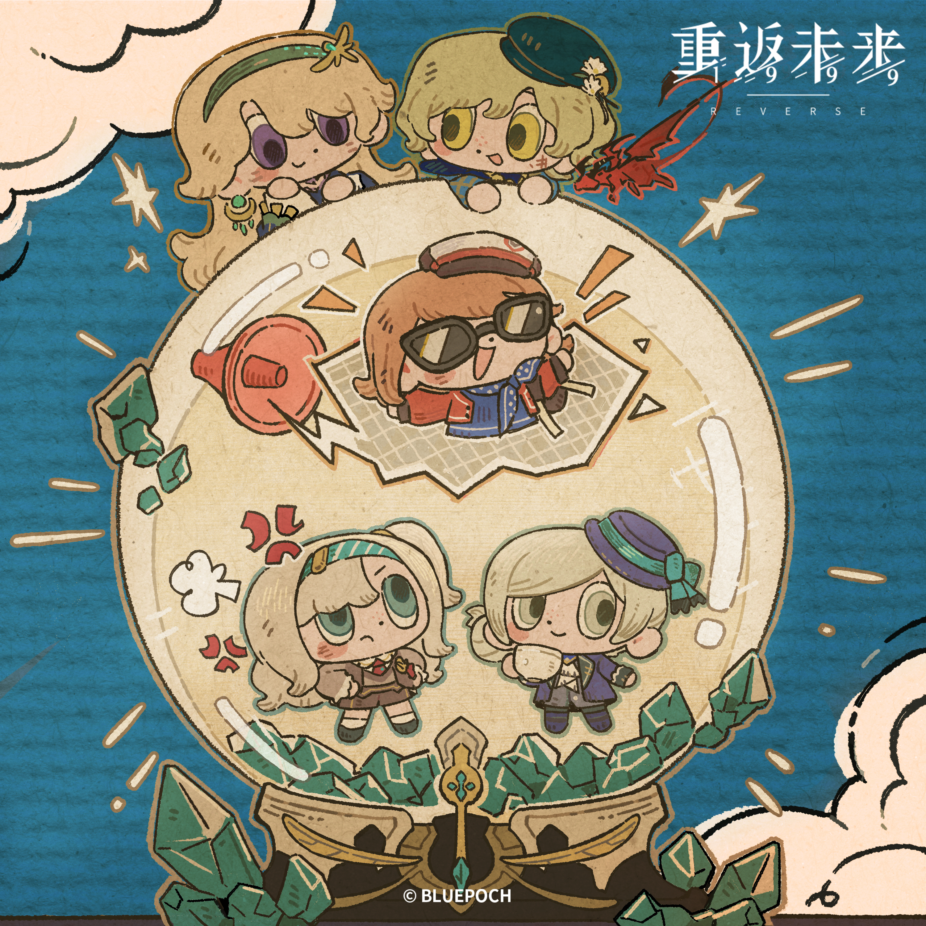 matilda bouanich, regulus (reverse:1999), vertin (reverse:1999), reverse:1999, absurdres, highres, official art, 5girls, :d, anger vein, arms up, beryl bouanich, black shoes, blonde hair, blue background, blue coat, blue dress, blue eyes, blue hairband, blue hat, blue neckerchief, brown hair, brume (reverse:1999), chibi, cloud, coat, copyright name, copyright notice, crystal, crystal ball, cup, dragon, dragonfly hair ornament, dress, green hairband, green hat, grey hair, grey shorts, grey sweater, hair bun, hairband, hat, holding, holding cup, jacket, logo, megaphone, mother and daughter, multiple girls, neckerchief, newsboy cap, one side up, open mouth, polka dot neckerchief, purple hair, red jacket, shoes, short hair, shorts, single side bun, small dragon, smile, sunglasses, sweater, yellow eyes