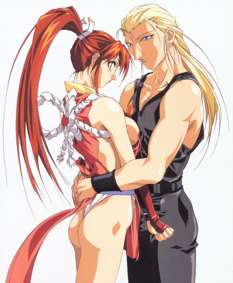 oobari masami, andy bogard, shiranui mai, fatal fury, snk, the king of fighters, 1boy, 1girl, ass, bare shoulders, blonde hair, breasts, hetero, hug, long hair, panties, pelvic curtain, ponytail, red hair, revealing clothes, rope, sideboob, simple background, thong, underwear