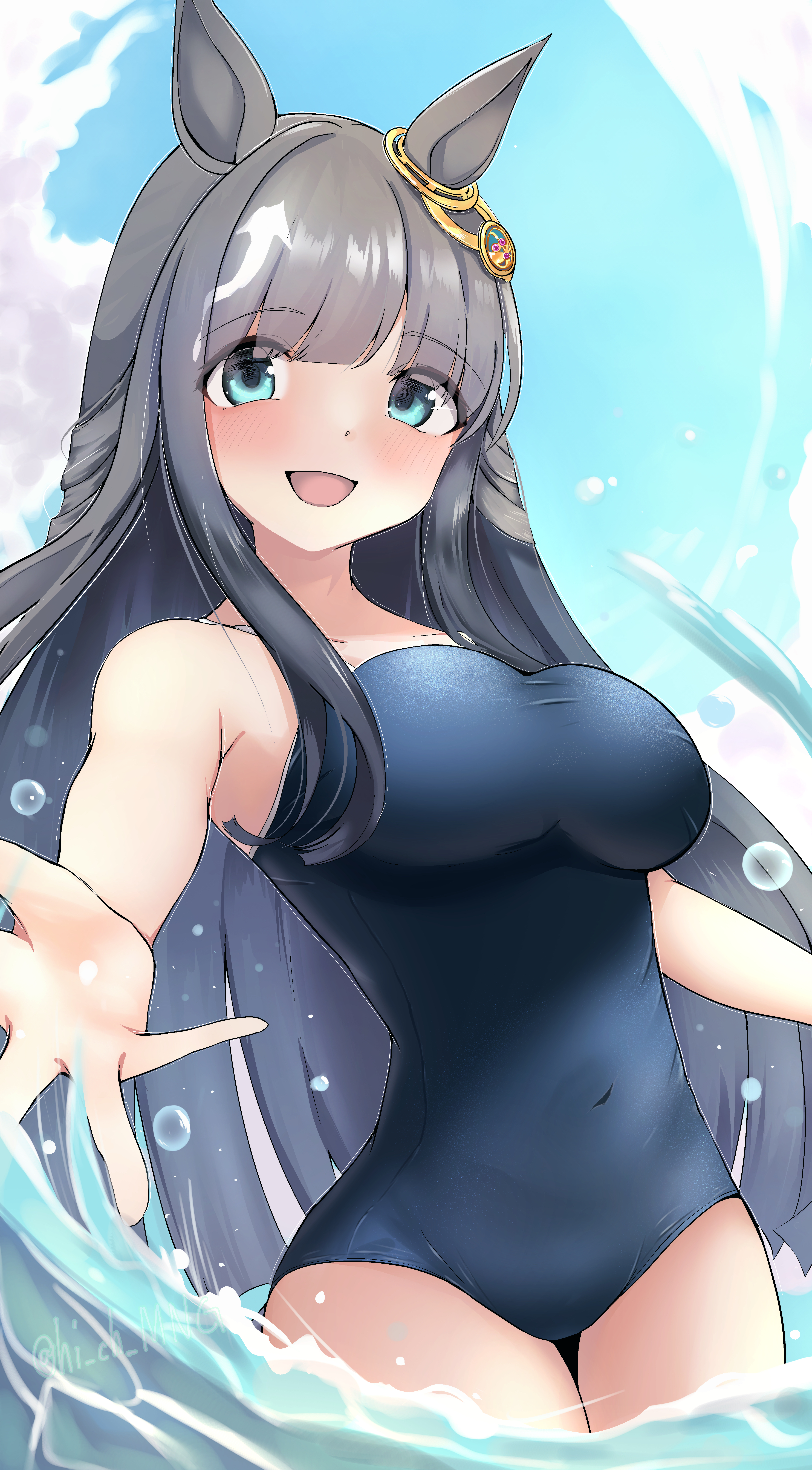 chrono genesis (umamusume), umamusume, absurdres, highres, 1girl, animal ears, blue eyes, blush, breasts, grey hair, hair between eyes, hair ornament, horse ears, horse girl, horse tail, looking at viewer, medium breasts, navel, ocean, open mouth, otomomochi luca, reaching, reaching towards viewer, school swimsuit, sky, swimsuit, tail, twitter username, water