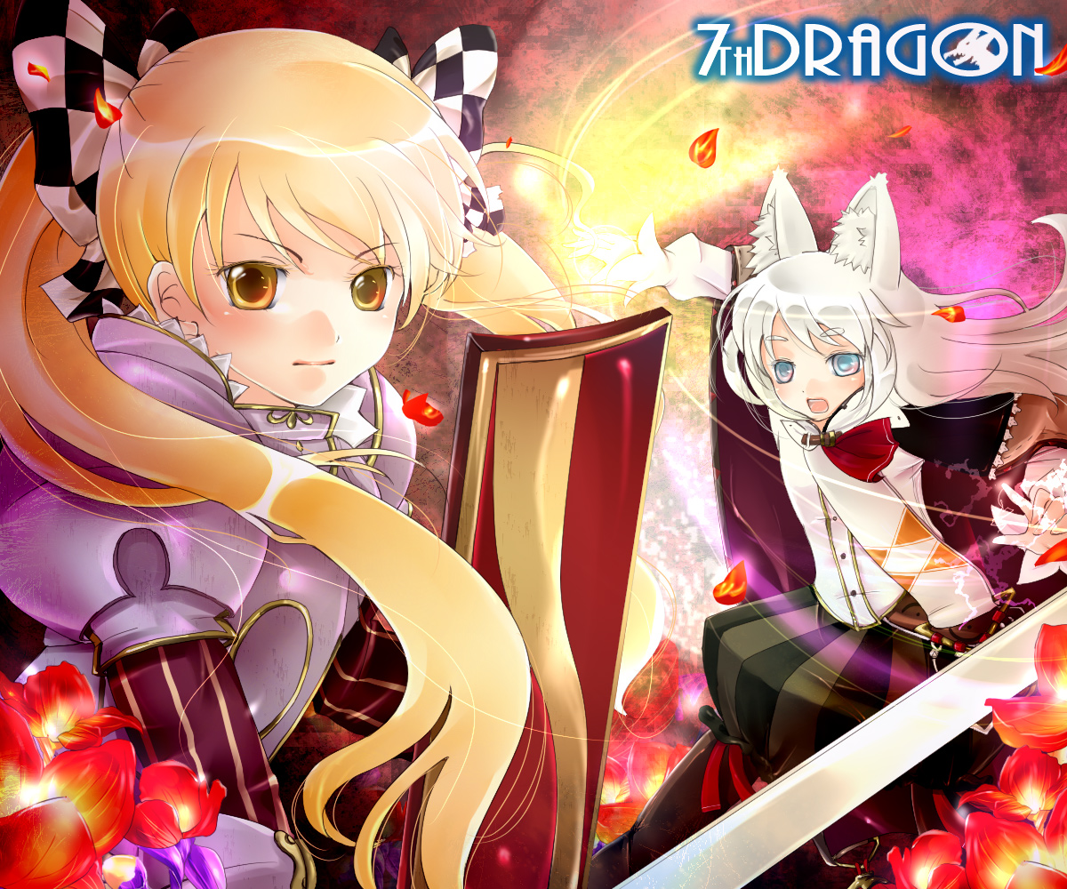 cinu, 7th dragon, 7th dragon (series), bad id, bad pixiv id, 2girls, animal ears, armor, blonde hair, blue eyes, floro (7th dragon), flower, long hair, multiple girls, ribbon, shield, sword, weapon, white hair, yellow eyes