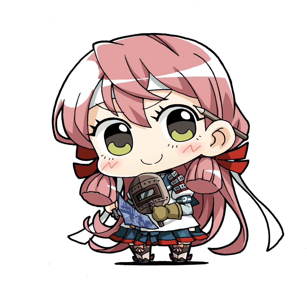 yagumo kengou, akashi (kancolle), kantai collection, 1girl, blue skirt, blueprint (object), blush, chibi, chibi only, clothing cutout, gloves, green eyes, hair between eyes, hair ribbon, headband, hip vent, holding, long hair, long sleeves, pencil, pencil behind ear, pink hair, pleated skirt, red ribbon, ribbon, simple background, single glove, skirt, smile, solo, standing, tress ribbon, welding mask, white background, white headband