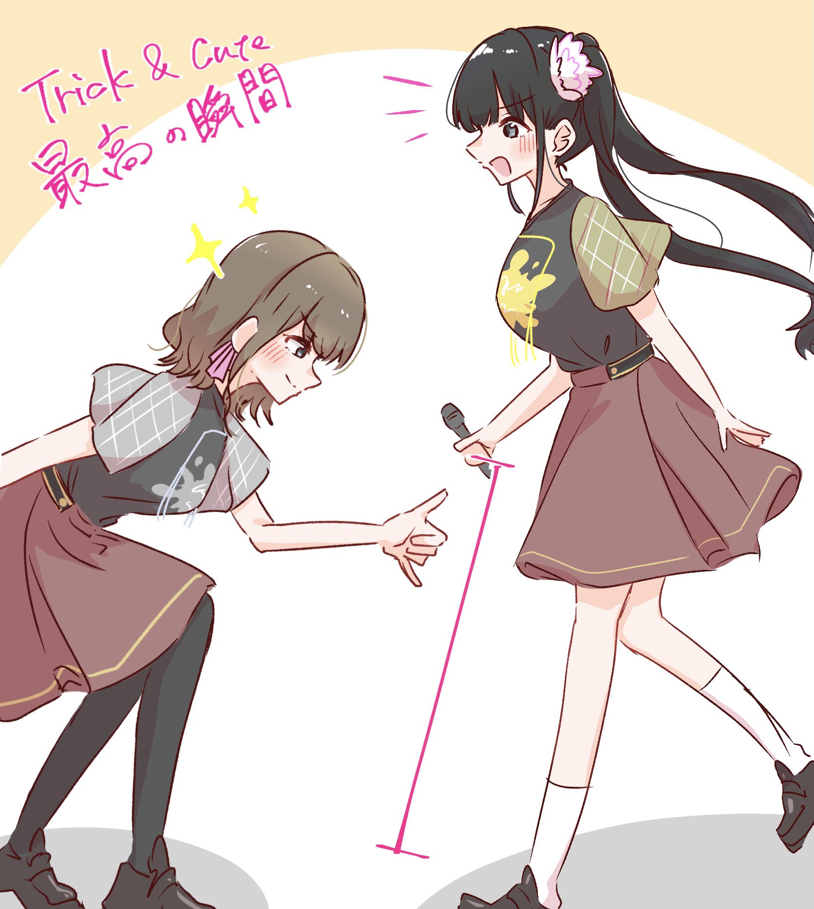 momiji (moj 0404), kan kanna, link! like! love live!, love live!, real life, commentary request, highres, translation request, 2girls, 5th live tour ~4pair power spread!!!!~, animification, black hair, black pantyhose, black shirt, black shoes, breasts, brown hair, brown skirt, brown sleeves, flower, grey sleeves, hair flower, hair ornament, holding, holding microphone, large breasts, loafers, long hair, looking at another, medium hair, medium skirt, microphone, miyake miu, multiple girls, notice lines, pantyhose, pink flower, pleated skirt, shaka sign, shirt, shoes, skirt, socks, sparkle, trick & cute (love live!), twintails, voice actor, white socks