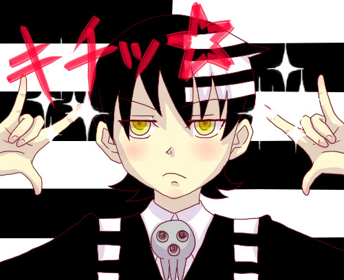 death the kid, macross, macross frontier, soul eater, lowres, non-web source, 1boy, m/, male focus, parody, seikan hikou, solo, sparkle, symmetry