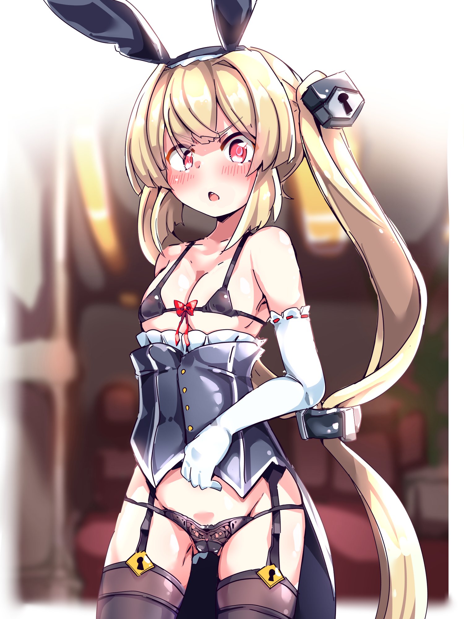 yuka danbow, vert (neptunia), cosmic break, highres, 1girl, :o, animal ears, bare shoulders, black corset, black panties, blonde hair, blush, bow, breasts, corset, fake animal ears, feuille vert, garter straps, gloves, hair ornament, keyhole, long hair, looking at viewer, medium breasts, panties, rabbit ears, red eyes, string bra, thighhighs, twintails, underwear, very long hair, white gloves