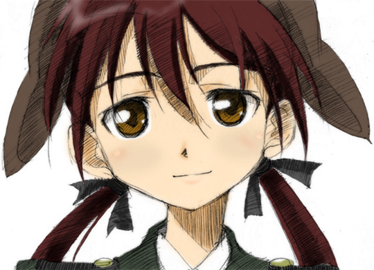 gertrud barkhorn, strike witches, world witches series, 00s, 1girl, black ribbon, blush, brown eyes, close-up, closed mouth, female focus, hair ribbon, looking at viewer, portrait, ribbon, simple background, smile, solo, twintails, upper body, white background