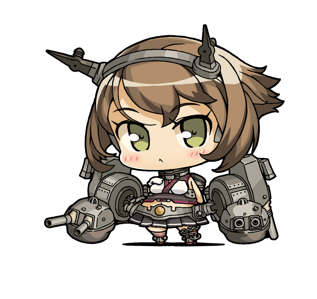 yagumo kengou, mutsu (kancolle), kantai collection, 1girl, anchor, black skirt, blush, breasts, brown hair, chain, chibi, chibi only, eyelashes, gloves, green eyes, hair between eyes, hand on own chest, headgear, miniskirt, navel, pleated skirt, rigging, short hair, simple background, skirt, sleeveless, solo, white background, white gloves