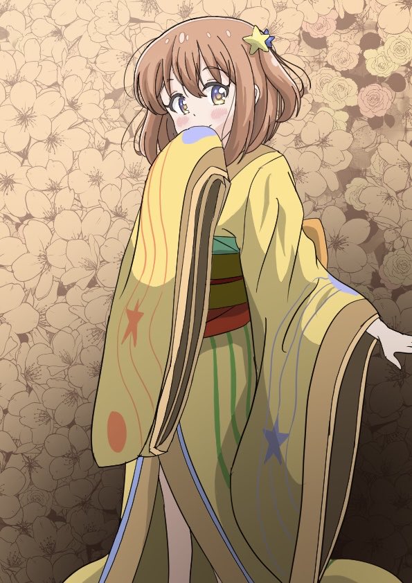 qb (qb46311027), konohata mira, koisuru asteroid, 1girl, blush, blush stickers, closed mouth, feet out of frame, female focus, flower, hair between eyes, hair ornament, japanese clothes, kimono, long hair, looking at viewer, medium hair, multicolored hair, orange hair, smile, solo, standing, star (symbol), star hair ornament