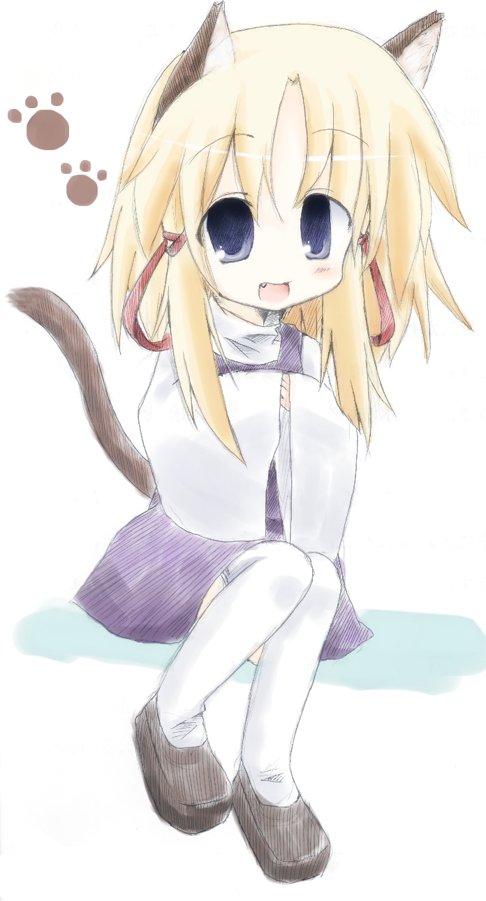 matatabi (nigatsu), moriya suwako, touhou, bad id, bad pixiv id, highres, 1girl, animal ears, blonde hair, blue eyes, blush, cat ears, cat girl, cat tail, fang, female focus, hair ribbon, kemonomimi mode, paw print, ribbon, short hair, sitting, solo, tail, thighhighs, white thighhighs, zettai ryouiki