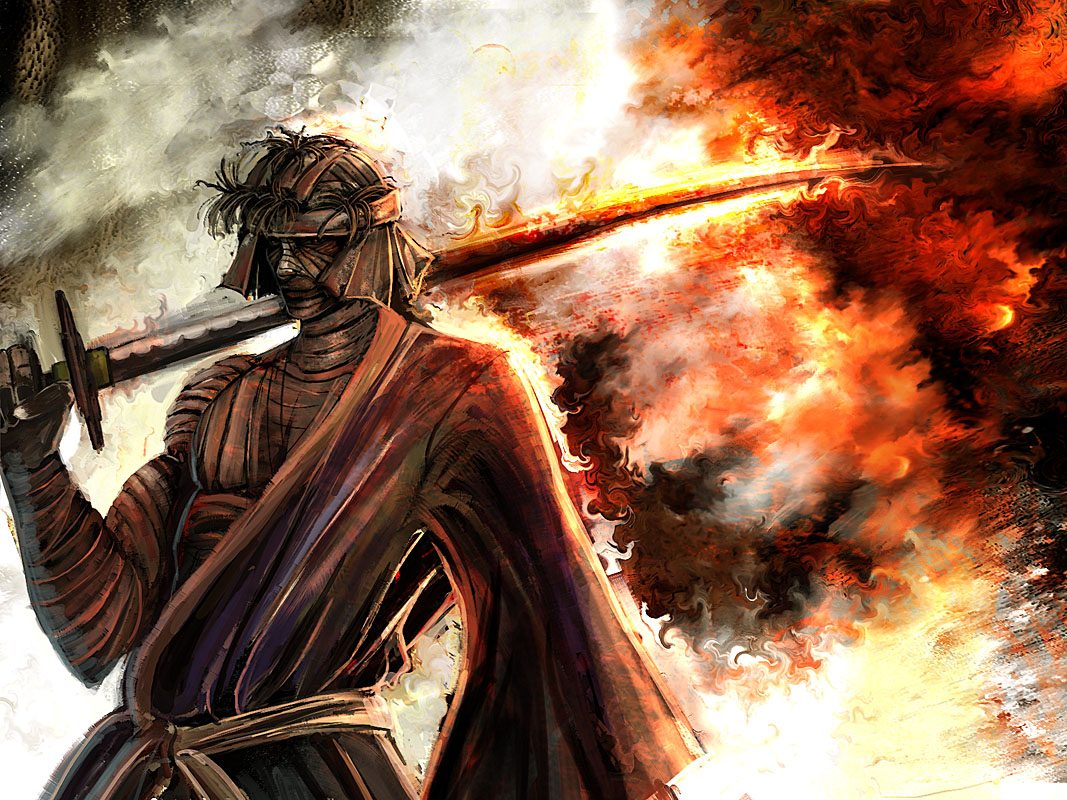 bccp, shishio makoto, rurouni kenshin, 1boy, bandages, fire, japanese clothes, male focus, manly, red eyes, solo, sword, weapon
