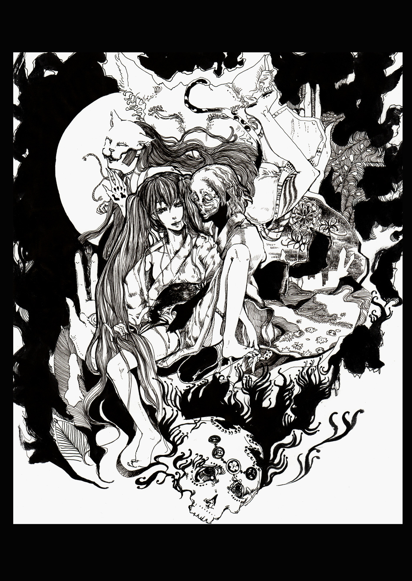 dare, hatsune miku, musunde hiraite rasetsu to mukuro (vocaloid), vocaloid, highres, barefoot, ghost, greyscale, japanese clothes, kimono, long hair, mask, monochrome, skull, twintails, very long hair, yukata