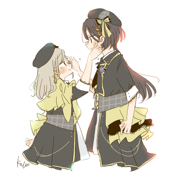 kase (ks lys), ceras yanagida lilienfeld, katsuragi izumi, link! like! love live!, love live!, commentary request, 2girls, beret, black hair, black hat, black jacket, black necktie, black skirt, blush, cropped legs, edel note, eye contact, grey hair, hair ornament, hair ribbon, hat, jacket, jellyfish cut, long hair, looking at another, multiple girls, necktie, official alternate costume, open clothes, open jacket, ribbon, shirt, simple background, skirt, tearing up, tears, theater ikizama, three-quarter sleeves, triangle hair ornament, virtual youtuber, white background, white shirt, wiping tears, yellow ribbon