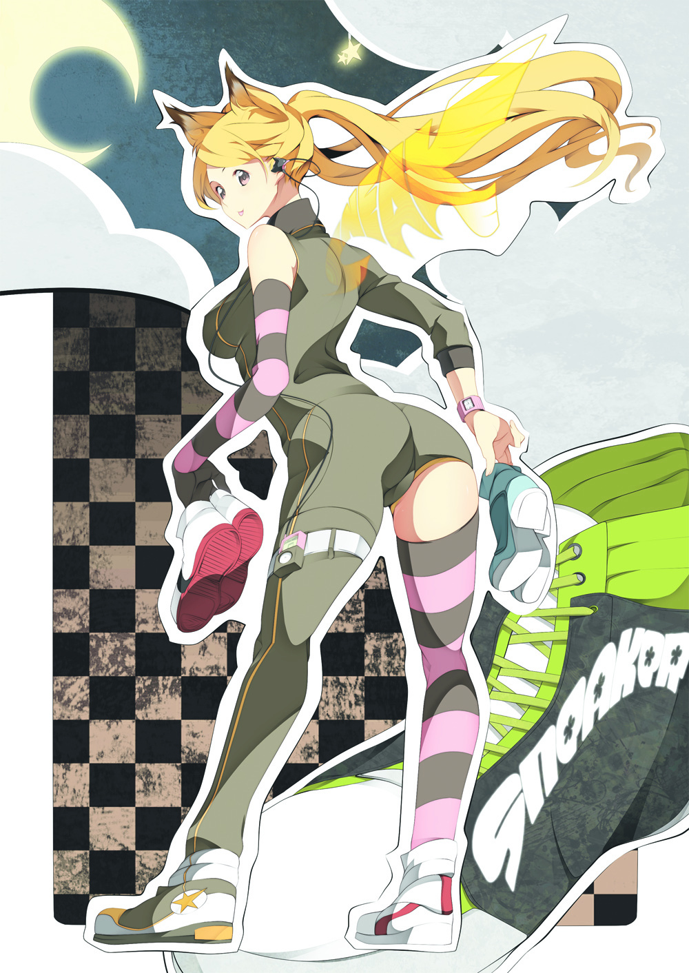 nanao (mahaya), original, bad id, bad pixiv id, highres, 1girl, animal ears, ass, back, blonde hair, breasts, female focus, fox ears, from behind, full body, headphones, legs, lips, looking back, shoes, sky, sneakers, solo, thigh strap, thighhighs, twintails