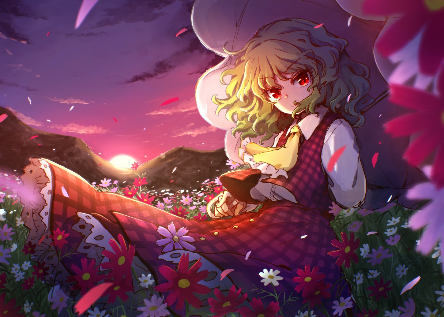 mizumoto tadashi, kazami yuuka, touhou, commentary request, 1girl, arms behind back, ascot, blurry, buttons, closed mouth, collared shirt, depth of field, dress shirt, falling petals, field, flower, flower field, frilled ascot, frills, green hair, holding, holding behind back, holding umbrella, long skirt, long sleeves, looking at viewer, medium hair, mountain, outdoors, parasol, petals, pink flower, pink petals, plaid clothes, plaid skirt, plaid vest, purple sky, red eyes, red flower, red petals, red skirt, red vest, shirt, shirt tucked in, skirt, skirt set, sky, smile, solo, standing, sun, umbrella, vest, white flower, white petals, white shirt, white umbrella, wind, yellow ascot