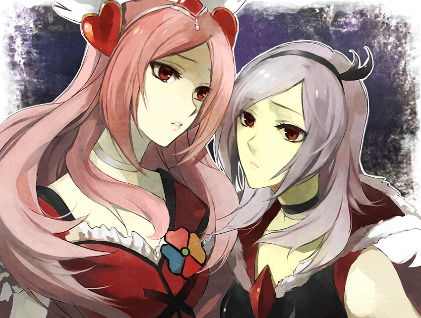 ariko, cure passion, eas (fresh precure!), higashi setsuna, fresh precure!, precure, black neckwear, bad id, bad pixiv id, 00s, 2girls, choker, dual persona, grey hair, hair ornament, heart, heart hair ornament, magical girl, multiple girls, pink hair, red eyes, white choker