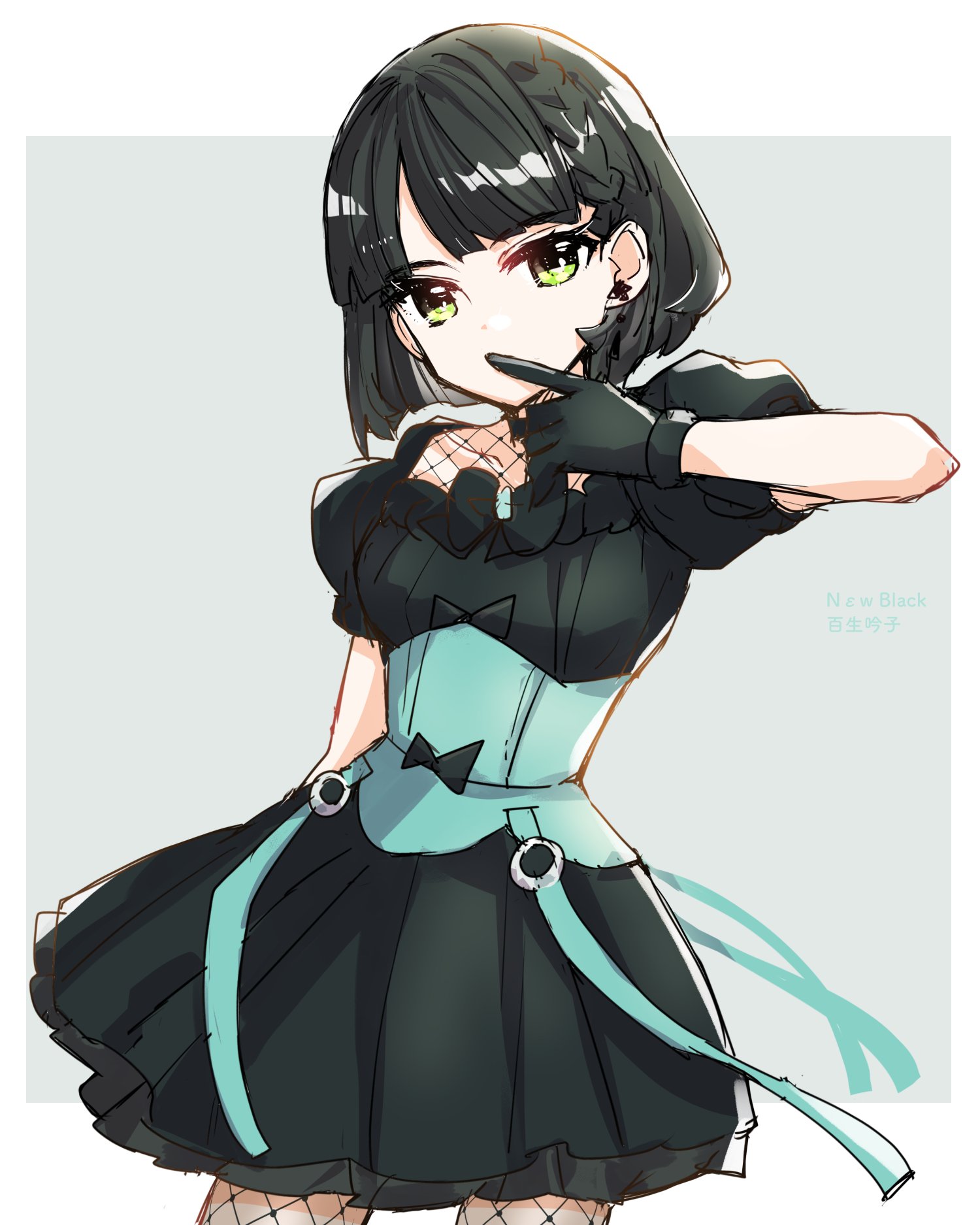 kanduki kamibukuro, momose ginko, link! like! love live!, love live!, commentary, highres, 1girl, black dress, black gloves, black hair, border, braid, covering own mouth, cowboy shot, dress, finger to mouth, fishnet pantyhose, fishnet top, fishnets, gloves, green eyes, grey background, hand over own mouth, looking at viewer, new black (love live!), official alternate costume, outside border, pantyhose, puffy short sleeves, puffy sleeves, short hair, short sleeves, side braid, simple background, solo, standing, virtual youtuber, white border
