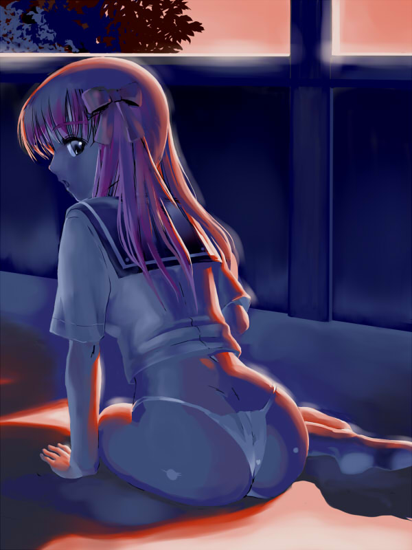 oyamada musshu, haramura nodoka, saki (manga), 00s, 1girl, arm support, ass, bow, dimples of venus, female focus, from behind, hair bow, looking back, panties, school uniform, serafuku, solo, string, thong, underwear