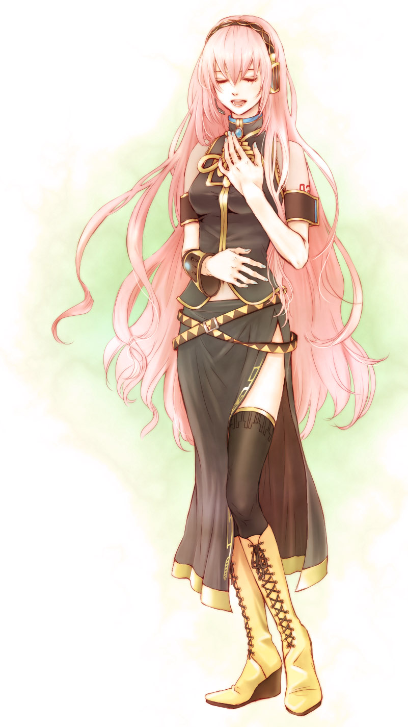 kogin, mugikogin, megurine luka, vocaloid, highres, 1girl, closed eyes, female focus, full body, gradient background, headphones, headset, long hair, navel, open mouth, pink hair, skirt, solo, thighhighs, very long hair