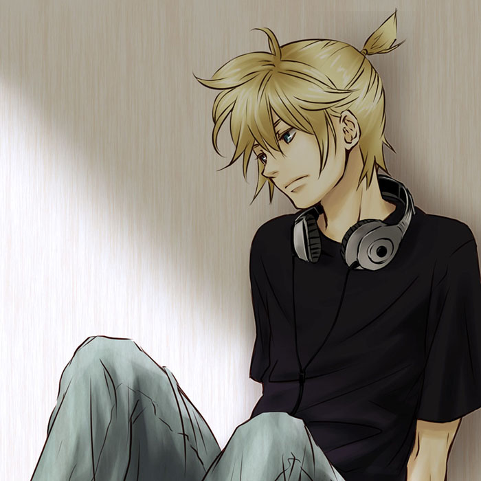 kogin, mugikogin, kagamine len, vocaloid, 1boy, alternate costume, blonde hair, blue eyes, casual, denim, headphones, jeans, male focus, pants, ponytail, sad, shirt, short hair, short ponytail, sitting, solo, t-shirt