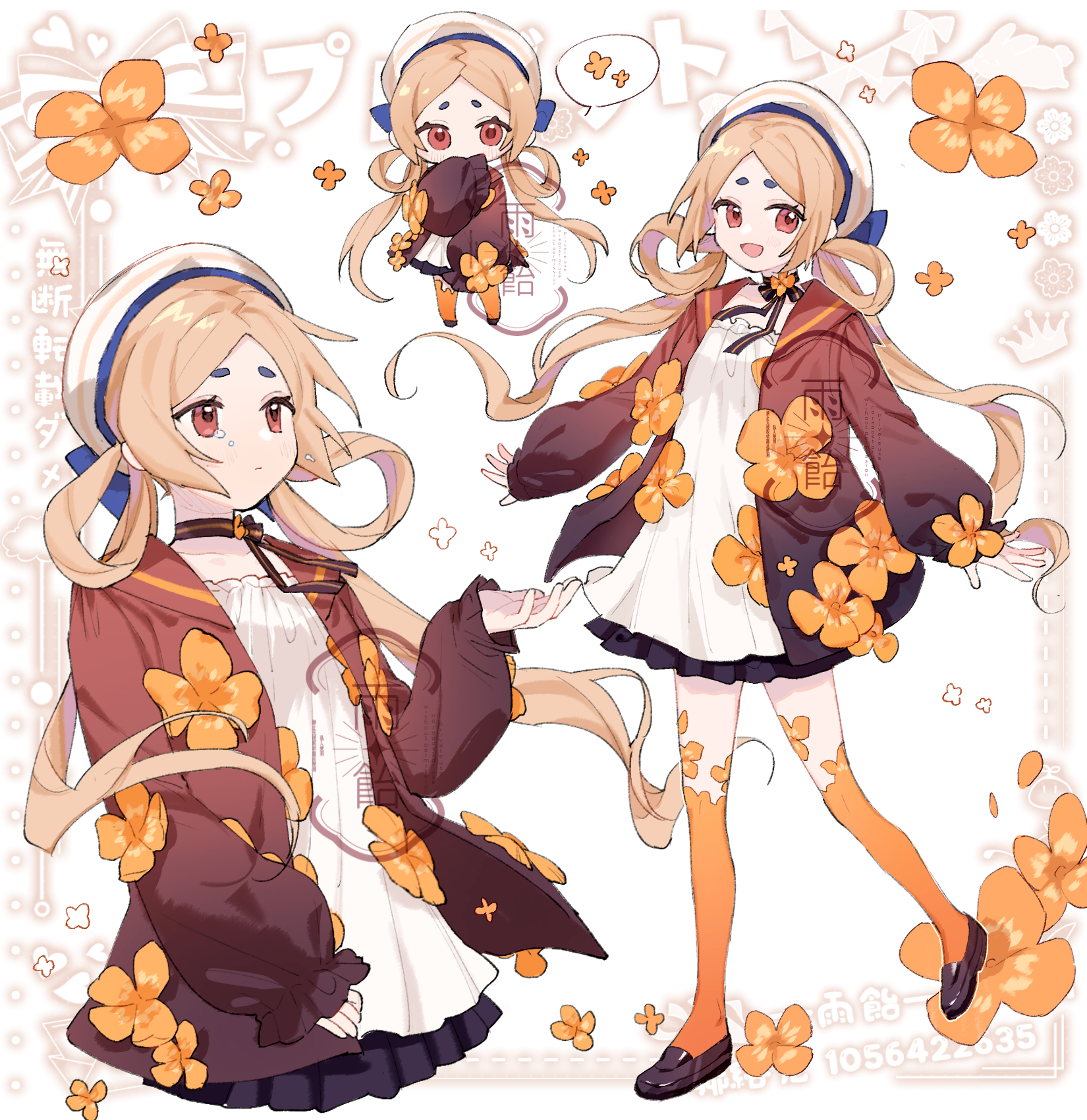 ame ame, original, highres, 1girl, beret, brown eyes, brown hair, brown shoes, chibi, closed mouth, crying, flower, full body, hat, long hair, long sleeves, low twintails, multiple views, open mouth, puffy long sleeves, puffy sleeves, sailor collar, shoes, sidelocks, smile, twintails, watermark, white background