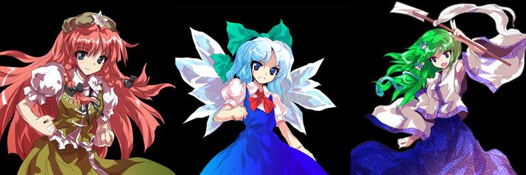 alphes, cirno, hong meiling, kochiya sanae, touhou, touhou hisoutensoku, jpeg artifacts, official art, 3girls, blue dress, blue eyes, blue hair, braid, detached sleeves, dress, frog hair ornament, gohei, green hair, hair ornament, hat, ice, ice wings, long hair, long sleeves, looking at viewer, multiple girls, nontraditional miko, oonusa, outstretched arm, red hair, ribbon, twin braids, very long hair, wings