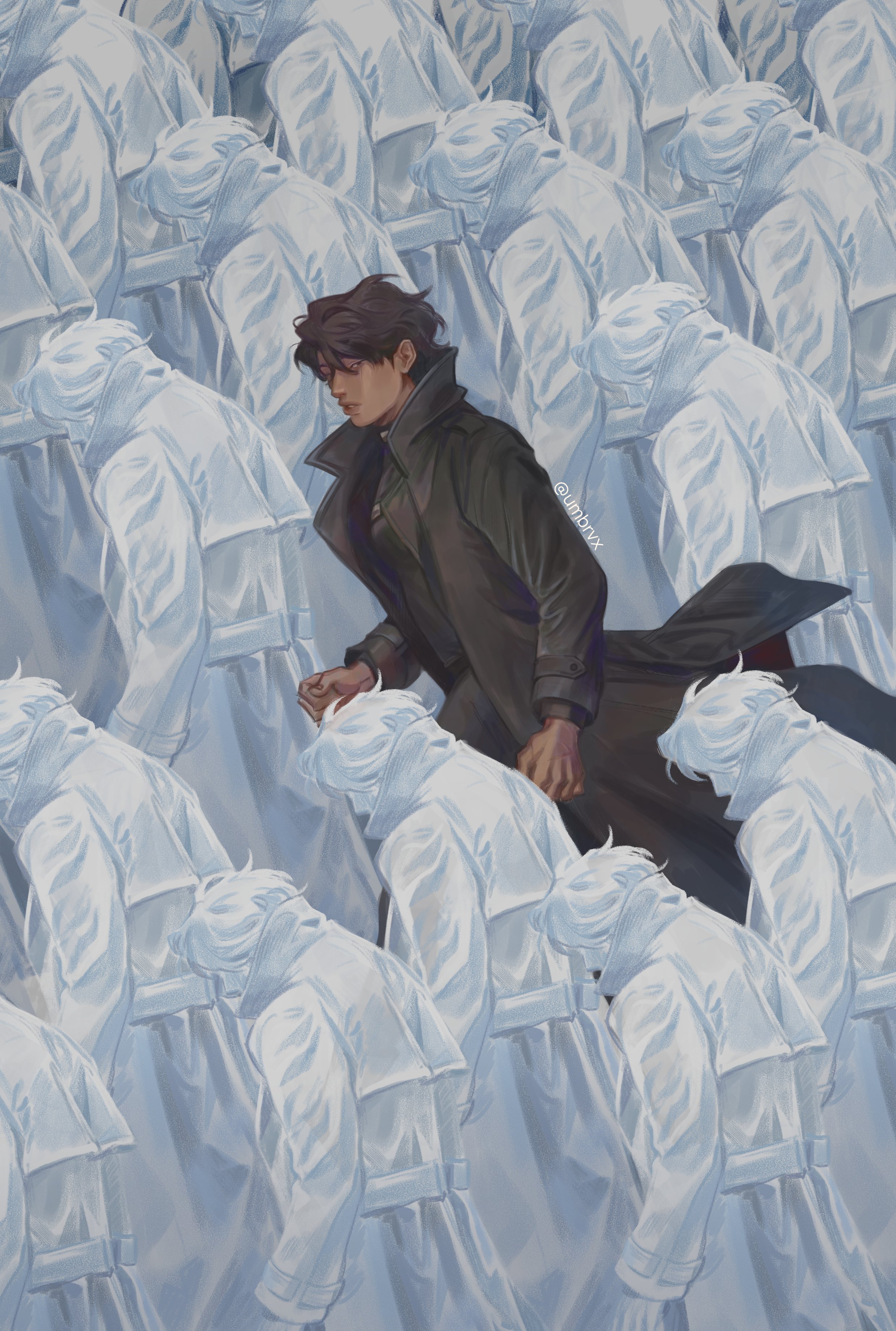 yoo joonghyuk, omniscient reader's viewpoint, absurdres, highres, 6+boys, black coat, black hair, coat, color contrast, head down, male focus, multiple boys, multiple persona, open clothes, open coat, popped collar, running, short hair, too many clones, umbrvx, white coat, white hair, wind, wind lift