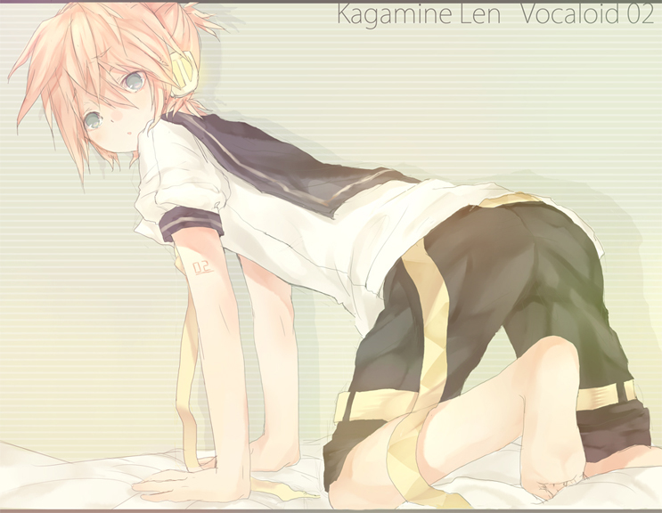 heca, kagamine len, vocaloid, bad id, bad pixiv id, 1boy, all fours, aqua eyes, barefoot, blonde hair, blue eyes, feet, male focus, school uniform, serafuku, shorts, soles, solo, tattoo