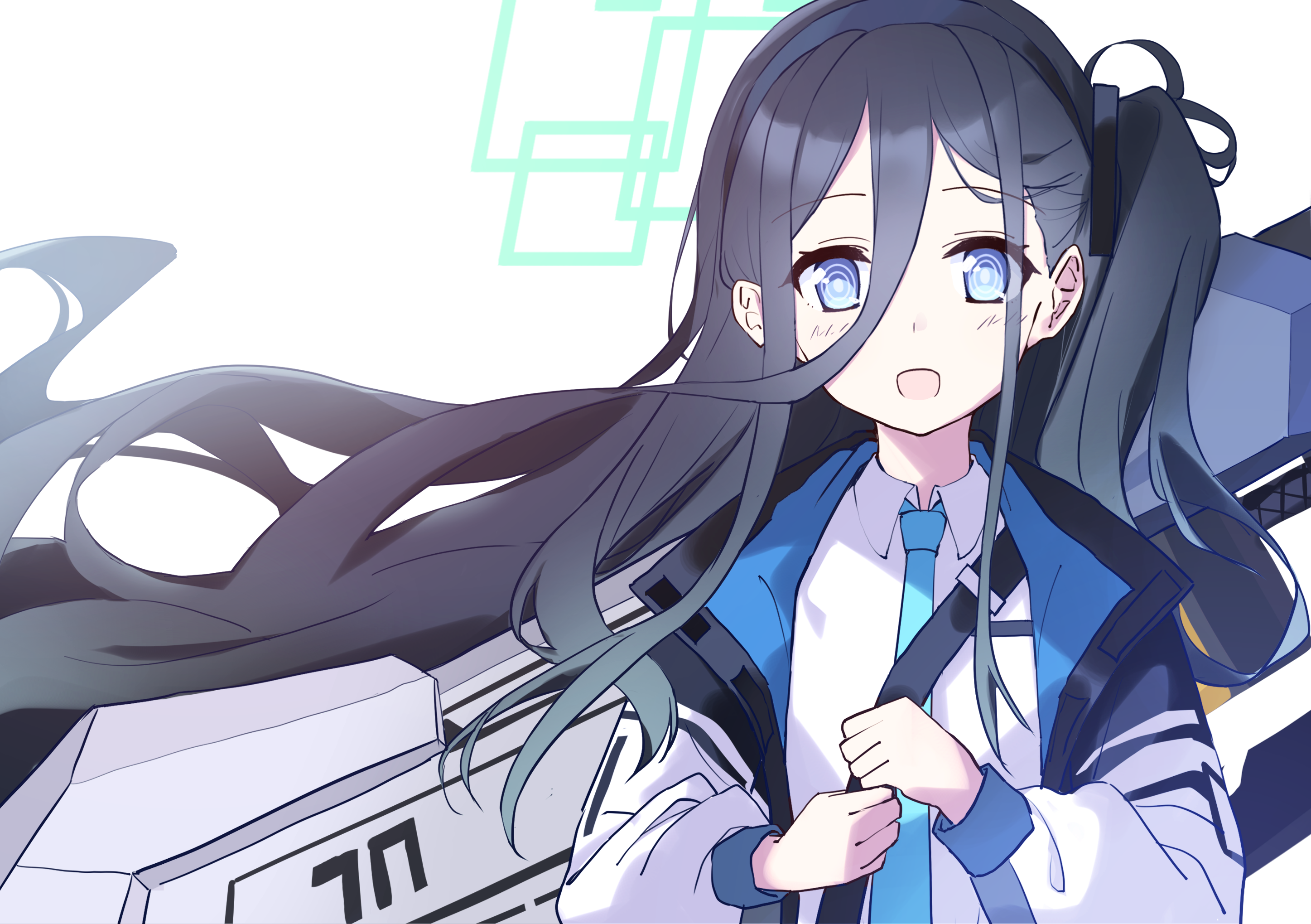 dice choco, aris (blue archive), blue archive, commentary request, highres, 1girl, :d, black hair, black hairband, black jacket, blue eyes, blue jacket, blue necktie, blush, bright pupils, collared shirt, double-parted bangs, eyes visible through hair, floating hair, green halo, hair between eyes, hairband, halo, jacket, long bangs, long hair, long hair between eyes, long sidelocks, long sleeves, looking at viewer, multicolored jacket, necktie, one side up, open clothes, open jacket, open mouth, own hands together, puffy long sleeves, puffy sleeves, railgun, rectangular halo, ringed eyes, school uniform, shirt, sidelocks, simple background, smile, solo, straight-on, two-sided fabric, two-sided jacket, upper body, very long hair, weapon, weapon on back, white background, white jacket, white shirt, wind