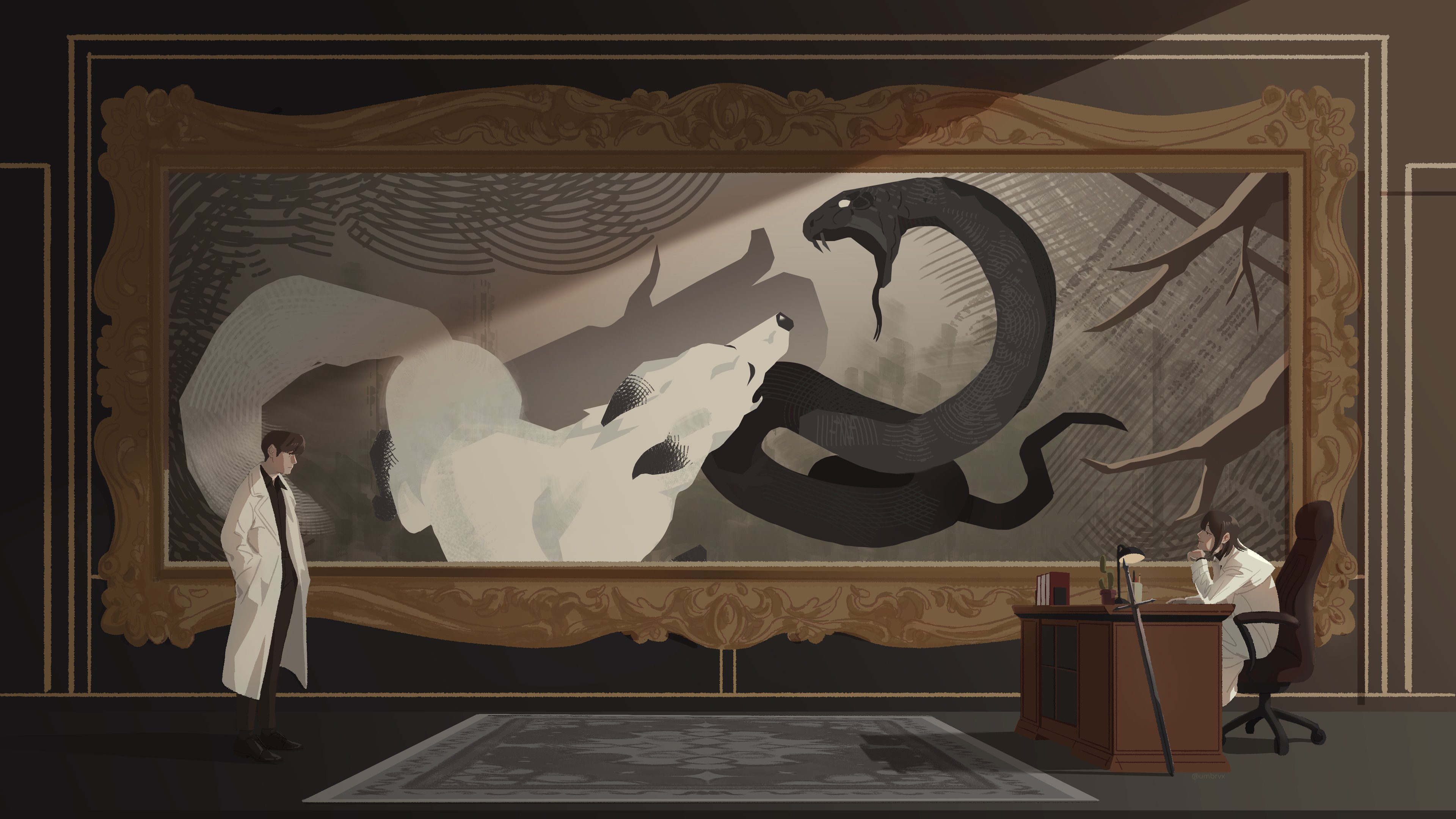 han sooyoung, kim dokja, omniscient reader's viewpoint, absurdres, highres, 1boy, 1girl, black hair, black shirt, book, book stack, chair, coat, collared shirt, cup, desk, desk lamp, elbow rest, from side, full body, hands in pockets, head rest, lamp, light rays, looking at another, matching outfits, official alternate costume, open clothes, open coat, painting (object), pen, rug, scenery, shirt, short hair, slouching, snake, umbrvx, white coat, wide shot, wolf