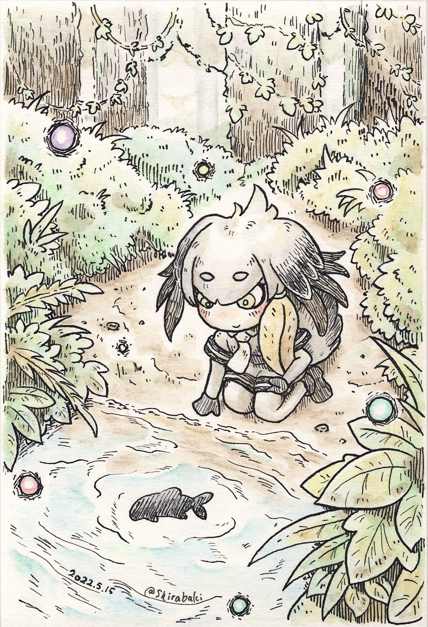 shirabaki, shoebill (kemono friends), kemono friends, highres, 1girl, bird girl, bird tail, bird wings, elbow gloves, feathered wings, fish, full body, gloves, grey hair, head wings, necktie, outdoors, shirt, shoes, short hair, shorts, sitting, tail, thighhighs, wings, yellow eyes