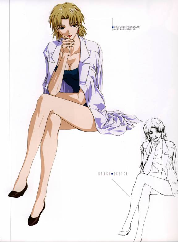 akagi ritsuko, neon genesis evangelion, model sheet, sketch, smoking