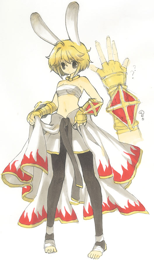 jakushou archer, sura (ragnarok online), ragnarok online, 1girl, animal ears, bandages, barefoot, blonde hair, feet, female focus, green eyes, rabbit ears, short hair, solo, toeless legwear, toes