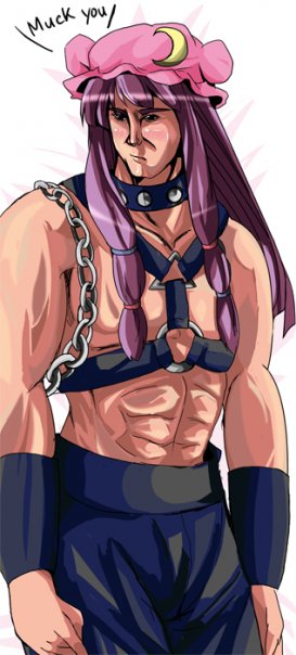 fa no hito, billy herrington, patchouli knowledge, van darkholme, gachimuchi pants wrestling, niconico, touhou, wrestling (series), md5 mismatch, resized, resolution mismatch, source larger, 1boy, abs, genderswap, genderswap (ftm), hat, male focus, mukyuu, muscular, parody, purple hair, simple background, solo